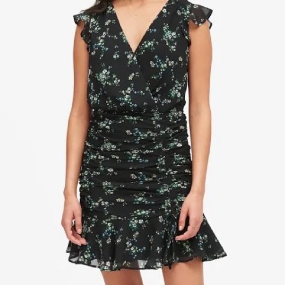 Banana Republic Black Floral Print Ruched Mini Dress Size 4P